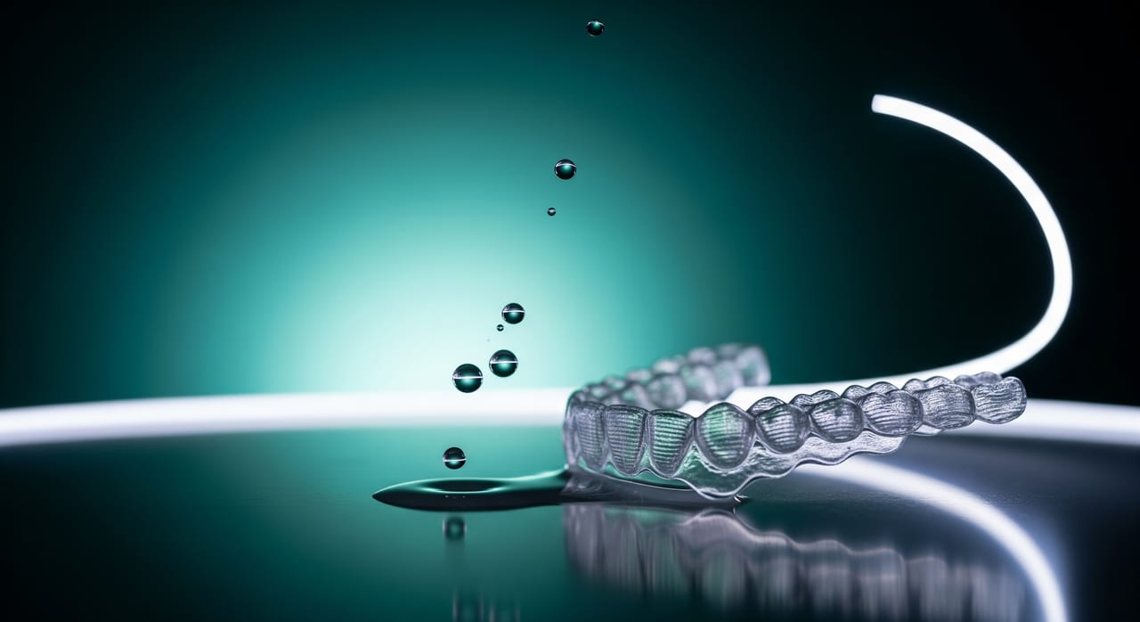 Transparente Aligner-Zahnschiene mit aufsteigenden Wassertropfen vor dunklem Deep-Teal-Hintergrund